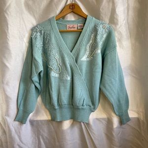 VTG 90’s Baby Mint Blue Pearl Beaded Embellished V-Neck Sweater
